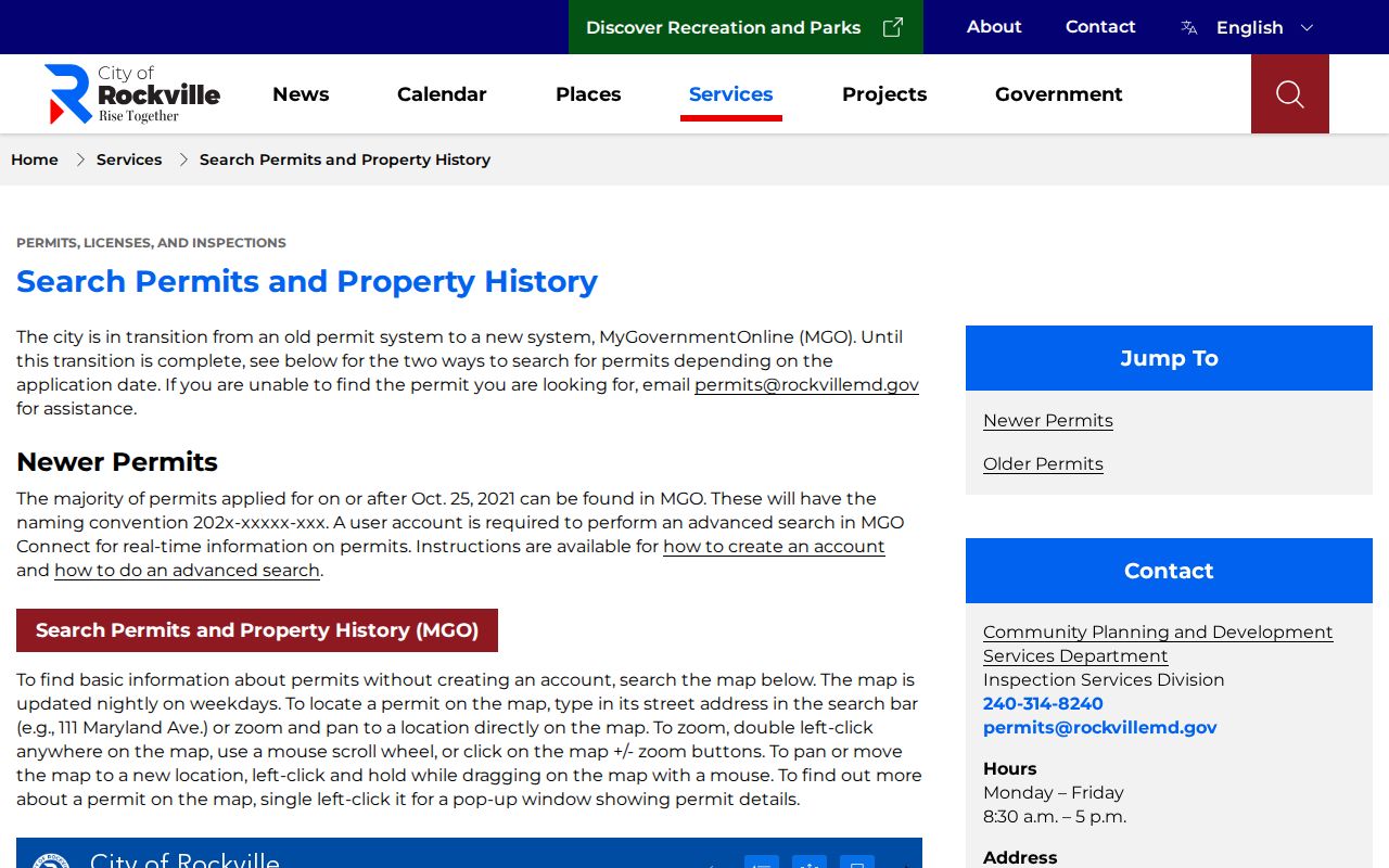 Rockville public records permit map with current and legacy search routes